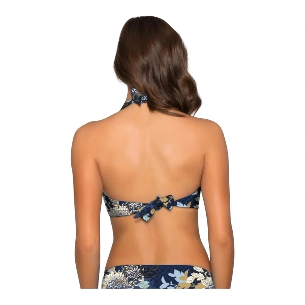 JETS by Jessika Allen 50's Twist Halter Bikini Top in blue floral NWT